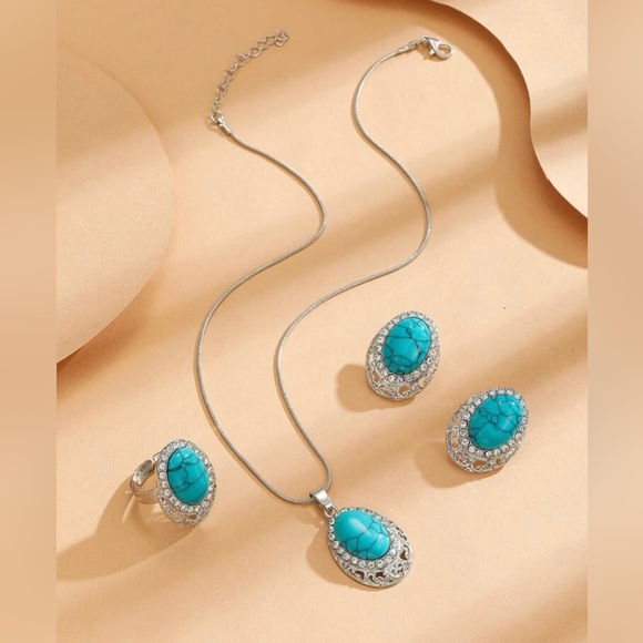 Turquoise Oval Rhinestone Necklace, Earrings, Ring Set - Picture 2 of 6
